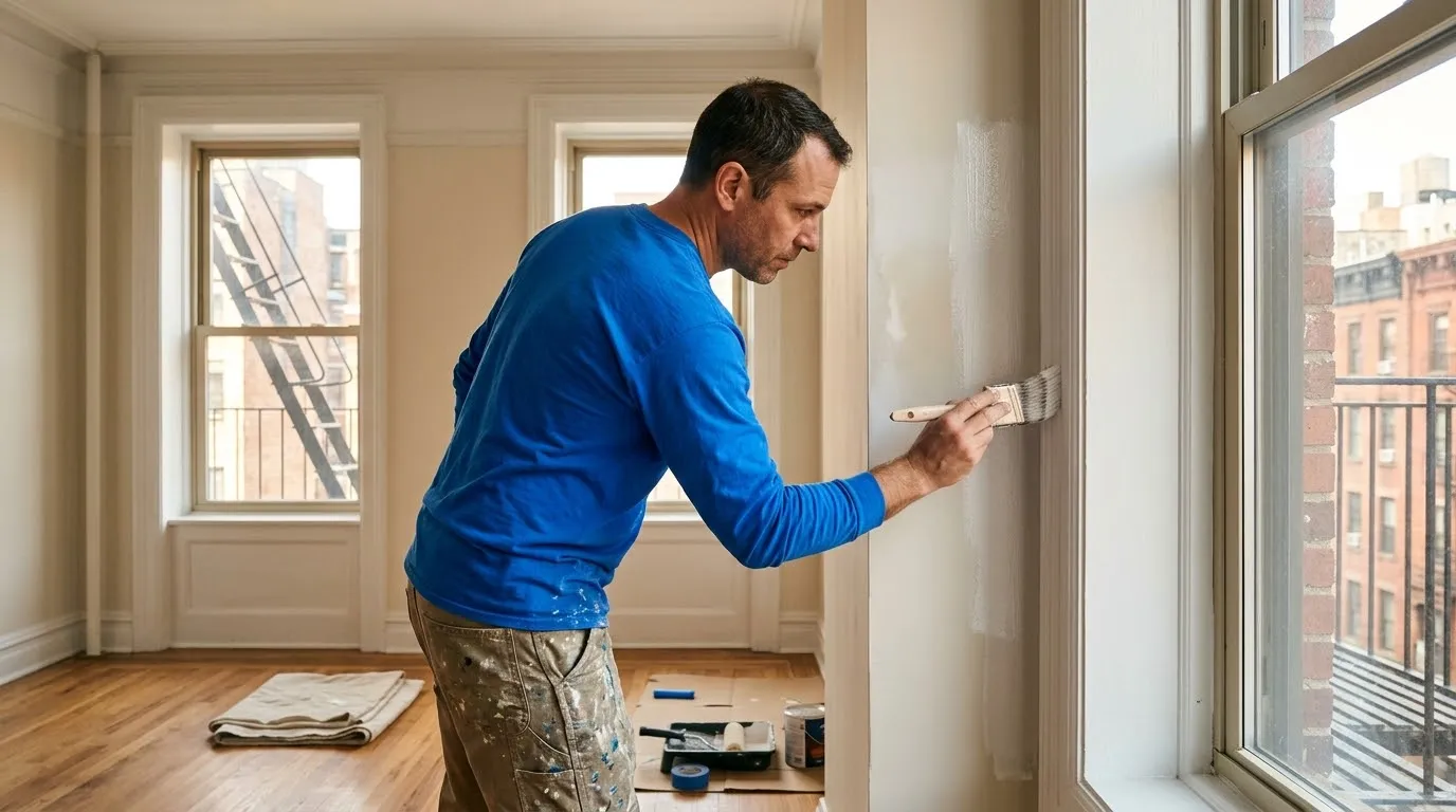 Professional painter touching up trim paint in a finished New York City apartment