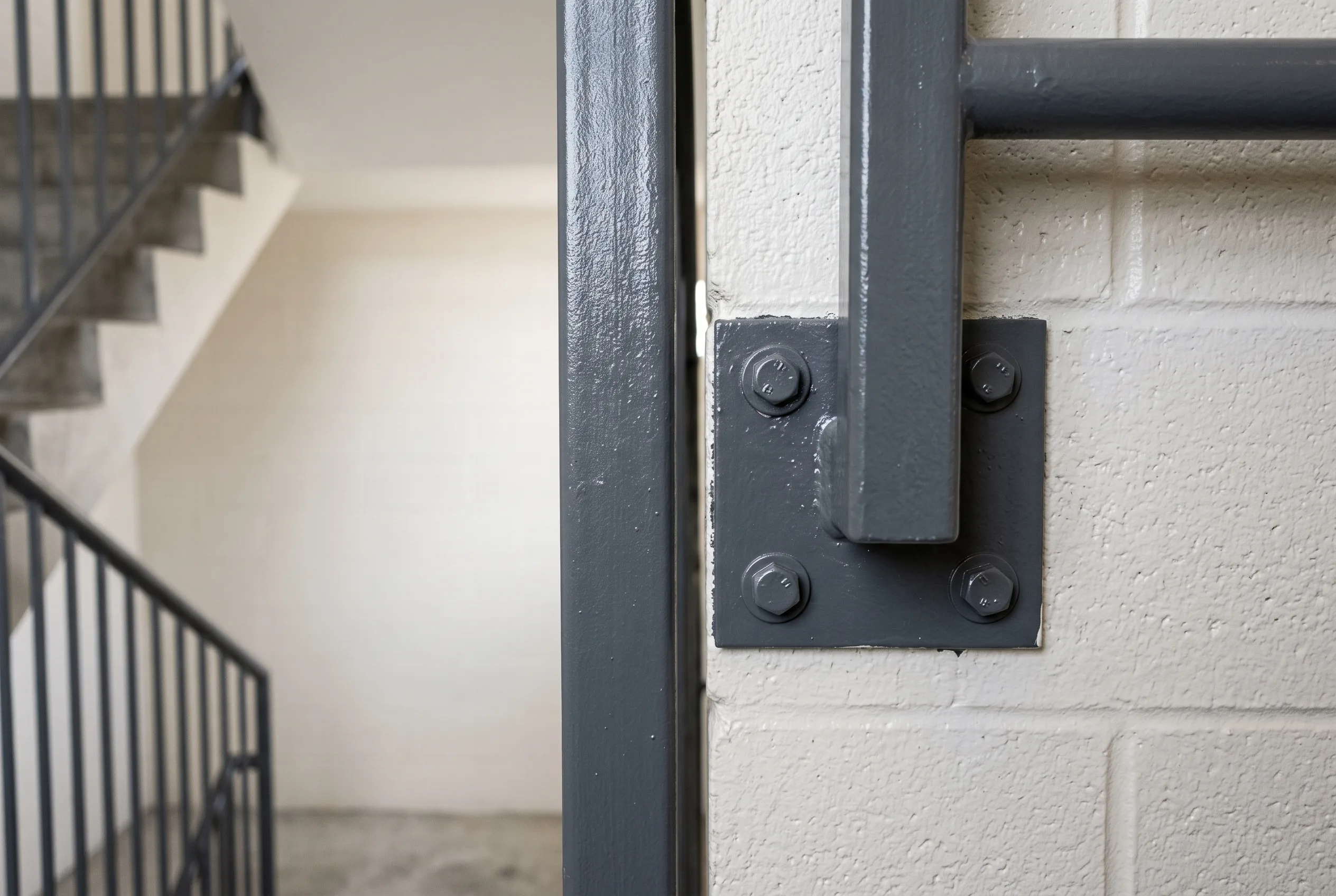 Close-up of a freshly painted stairwell railing bracket in an apartment building