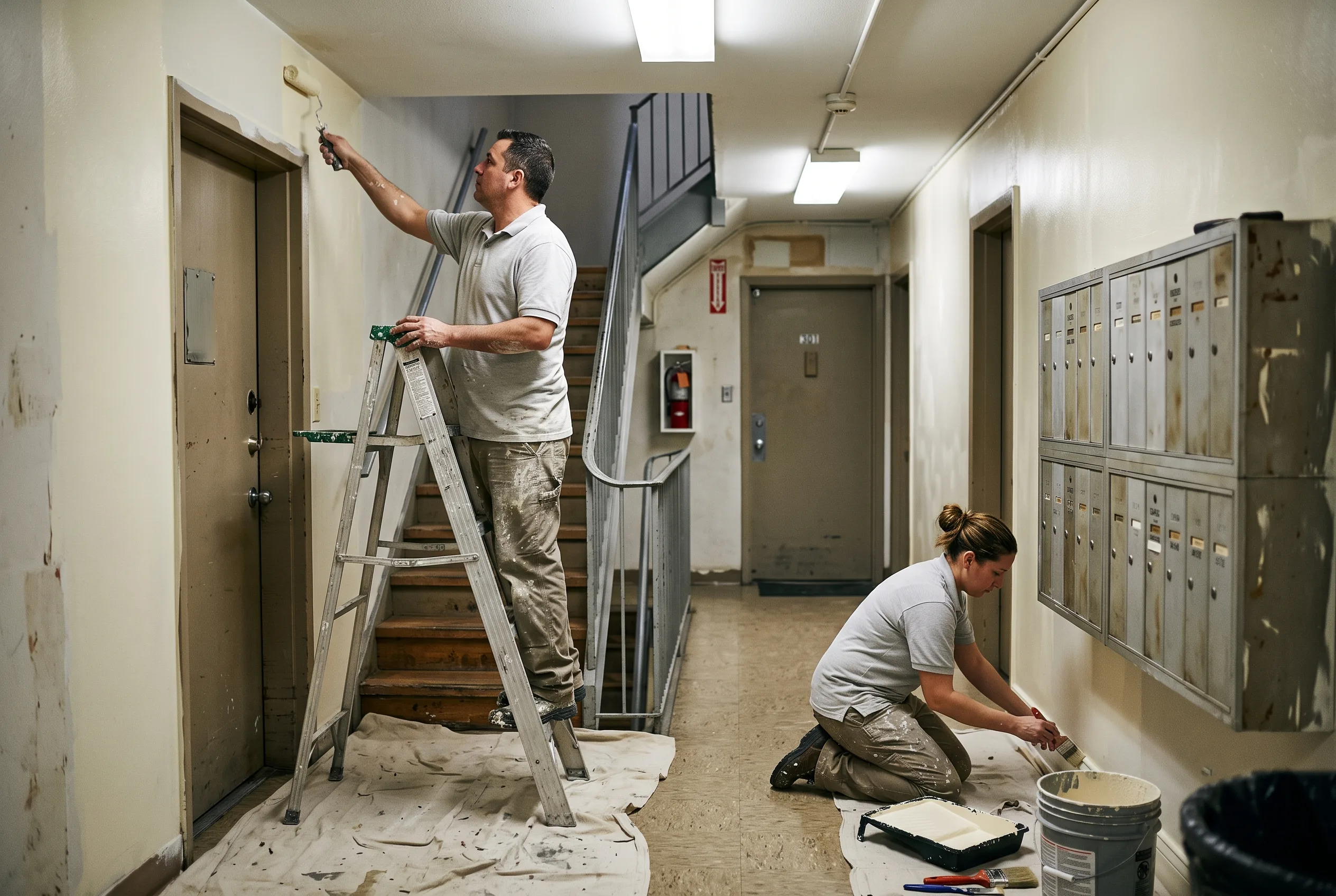 GCA Painting crew painting a stairwell and mailroom in an apartment building