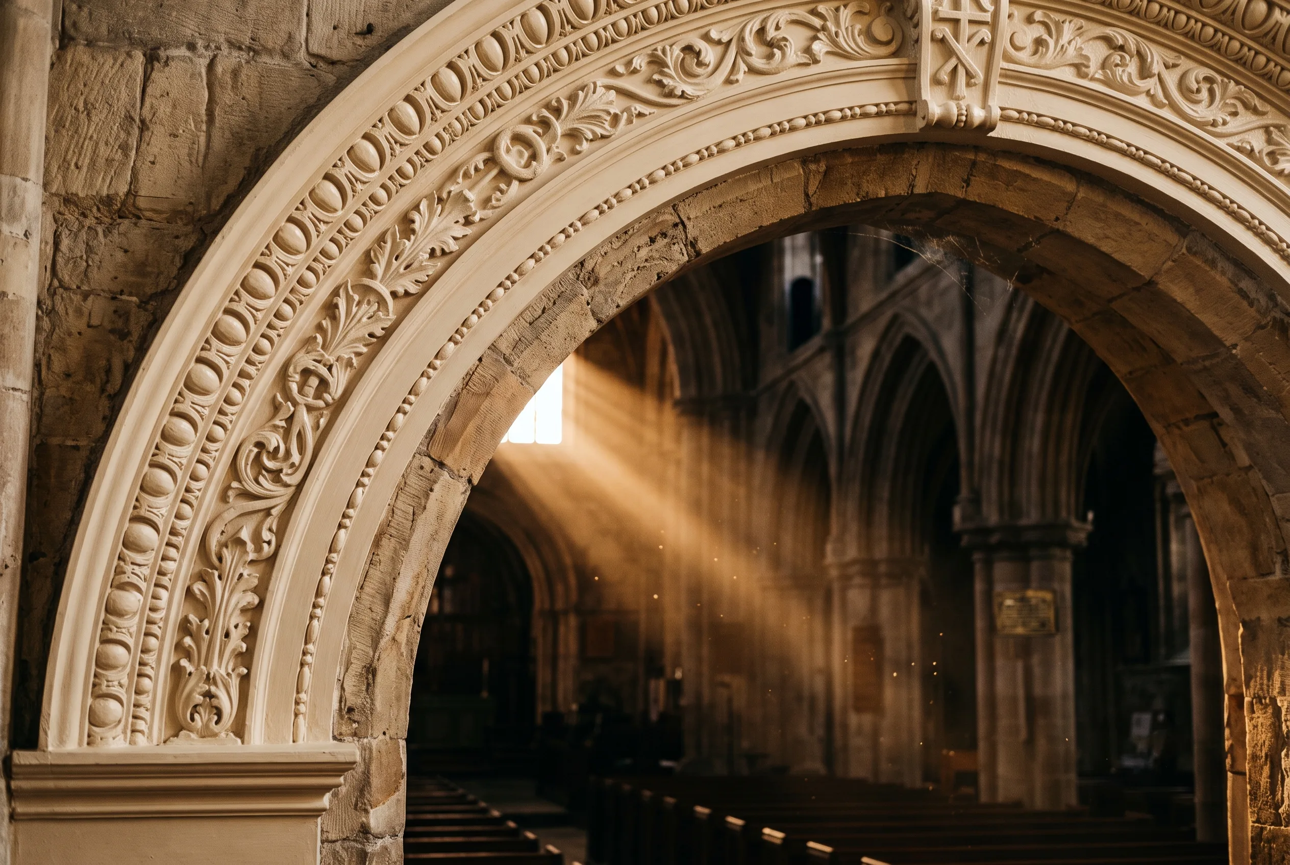 Freshly painted stone archway inside a church