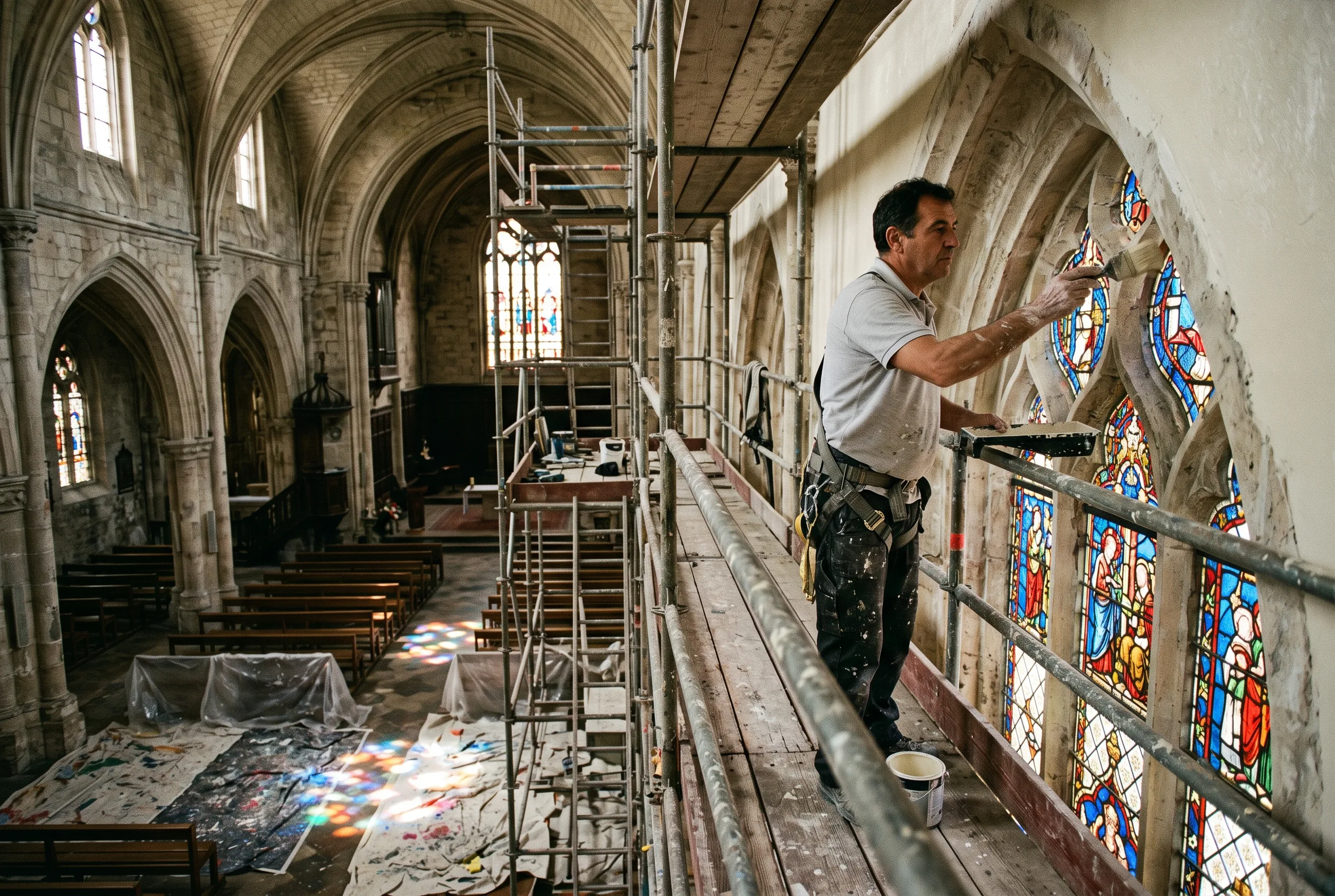 GCA Painting crew member on scaffolding painting a church sanctuary near a stained glass window