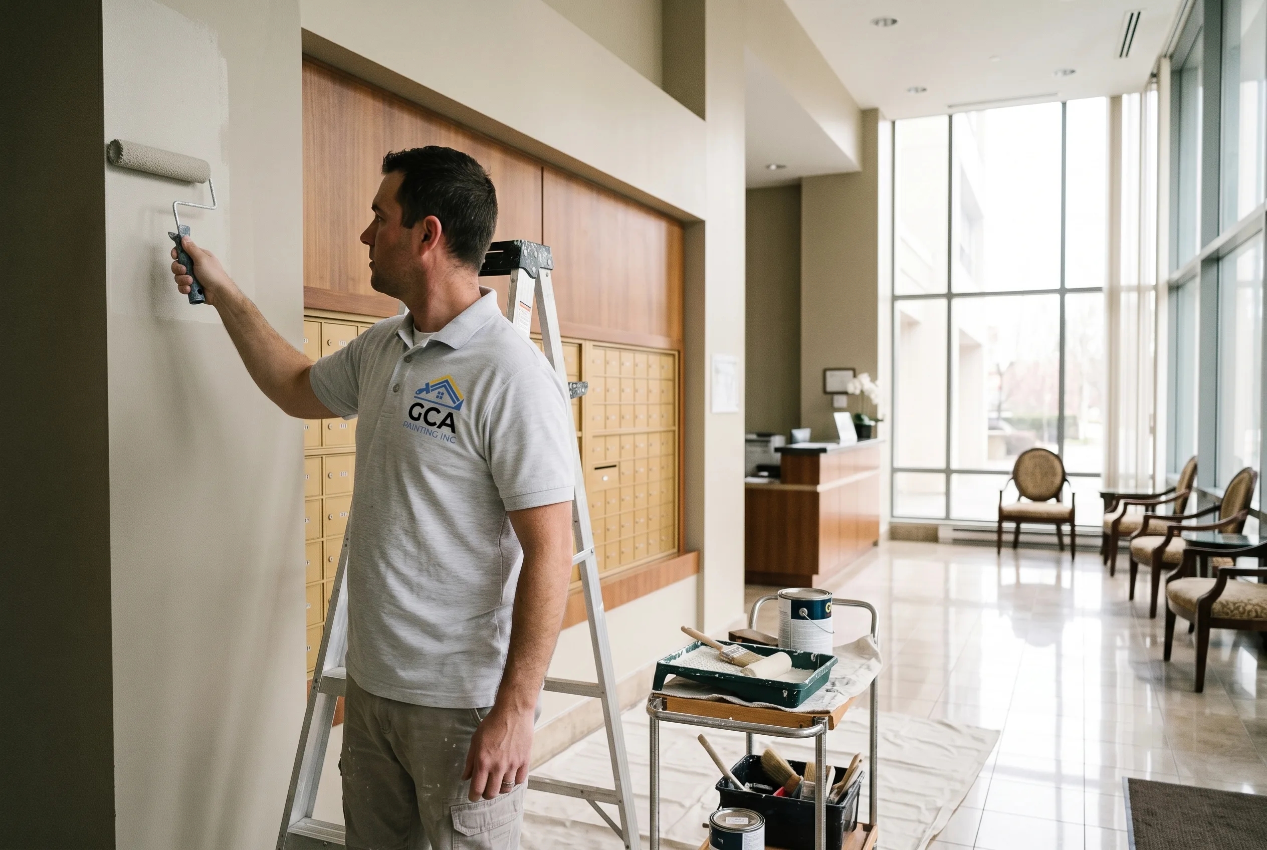 GCA Painting crew member painting a condominium lobby wall near the mailboxes