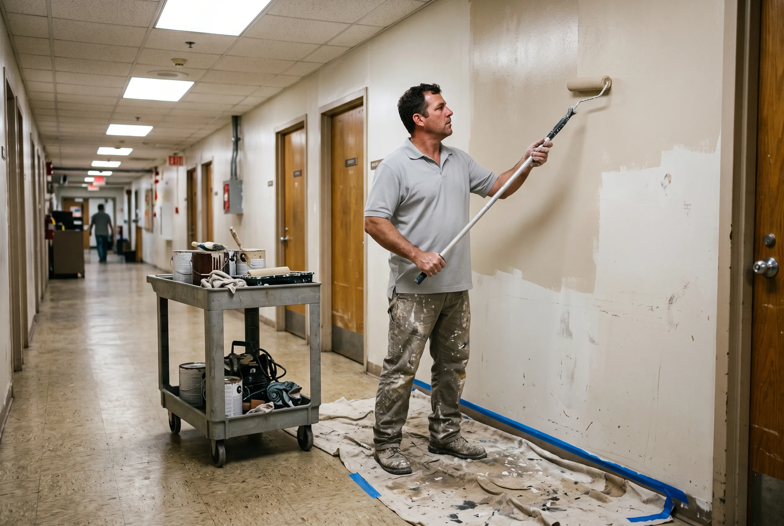 GCA Painting crew member painting a government facility hallway wall