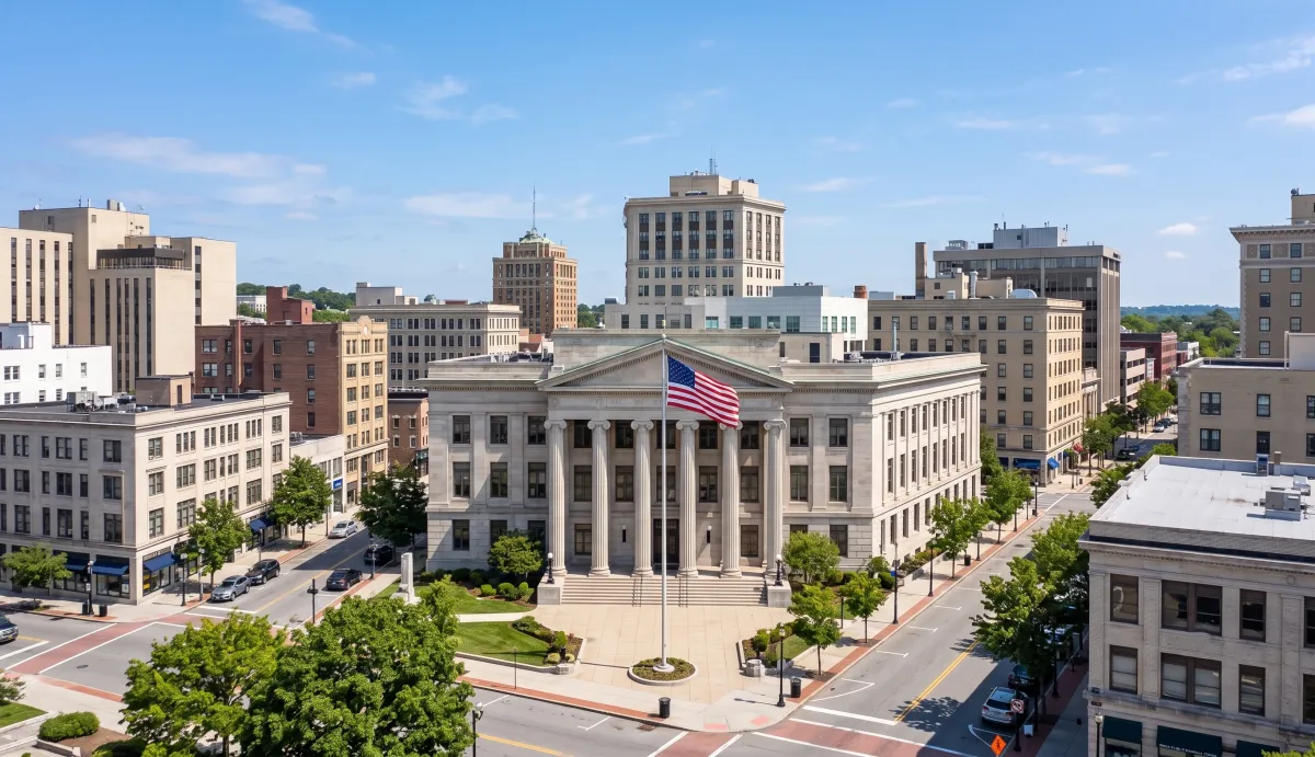 Aerial view of a government building with columns and an American flag