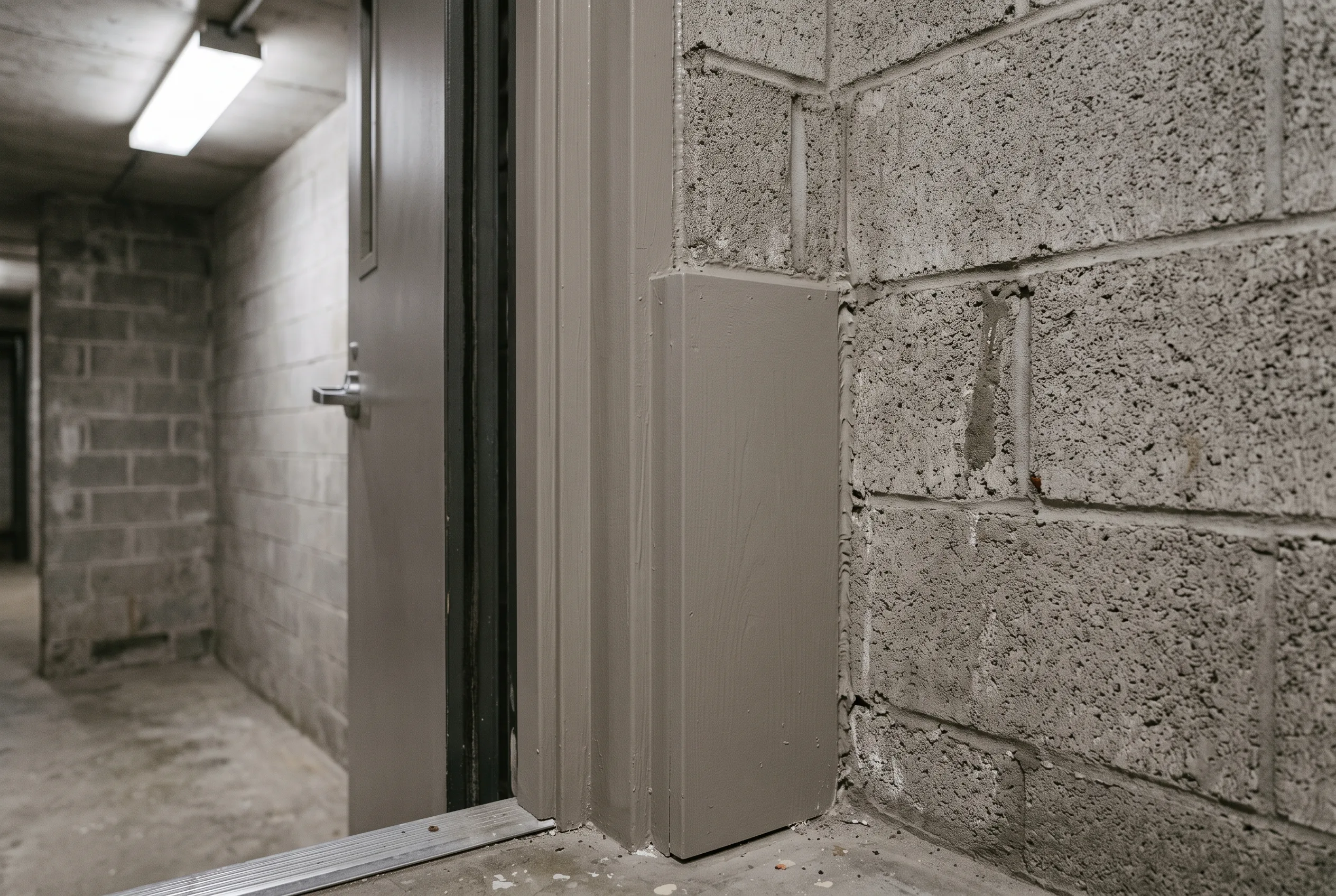 Close-up of a freshly painted door frame in a government facility corridor
