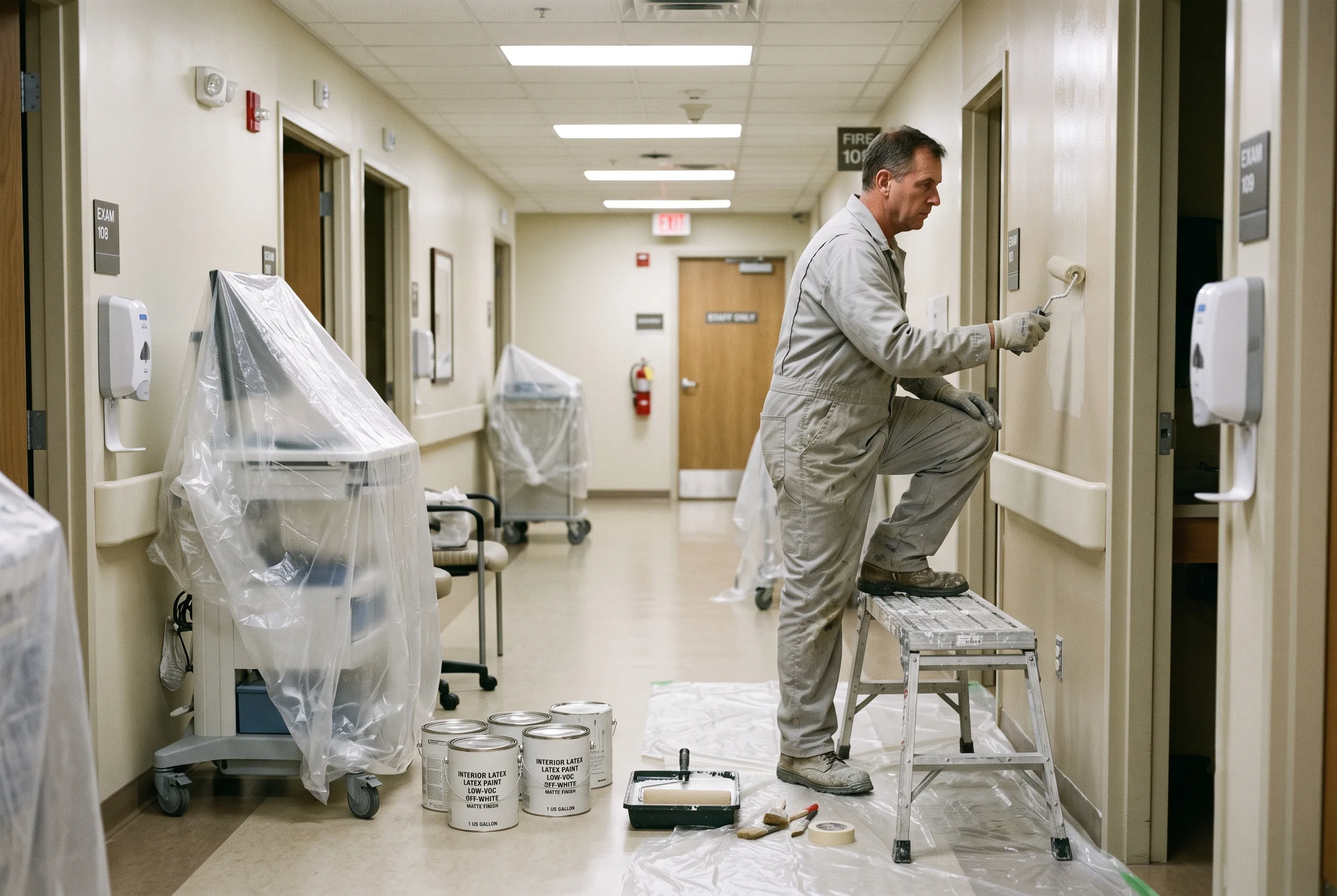 Painter working in a healthcare facility exam room corridor