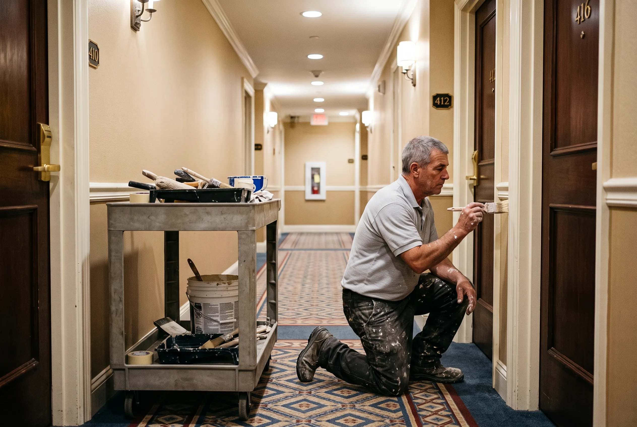 GCA Painting crew member painting a hotel guest room door