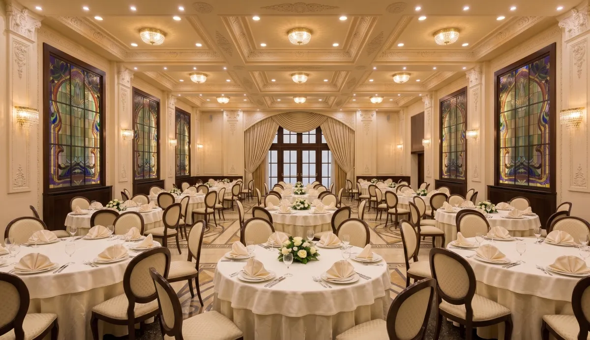 Elegant hotel ballroom set for a banquet