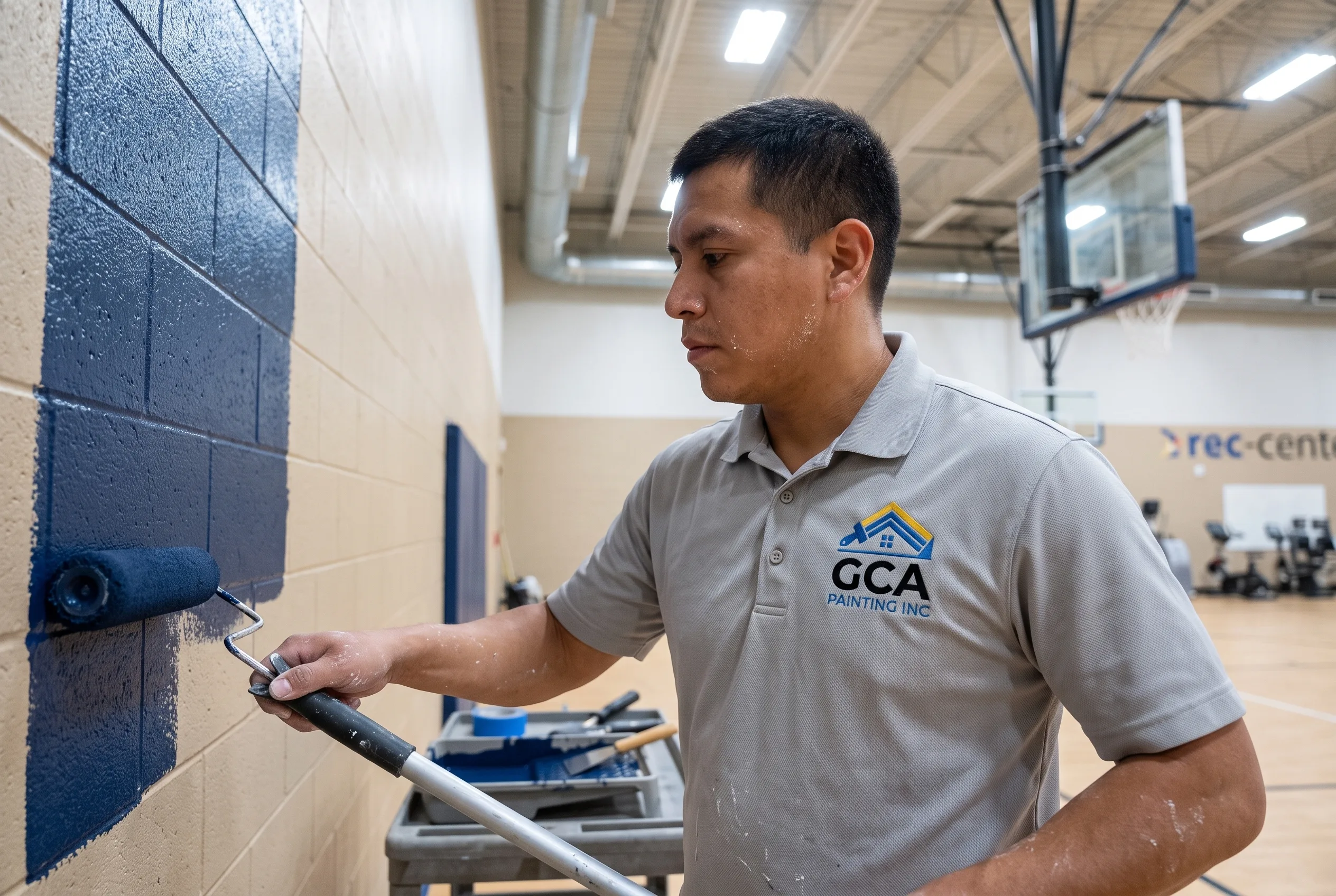 GCA Painting crew member painting a gymnasium wall