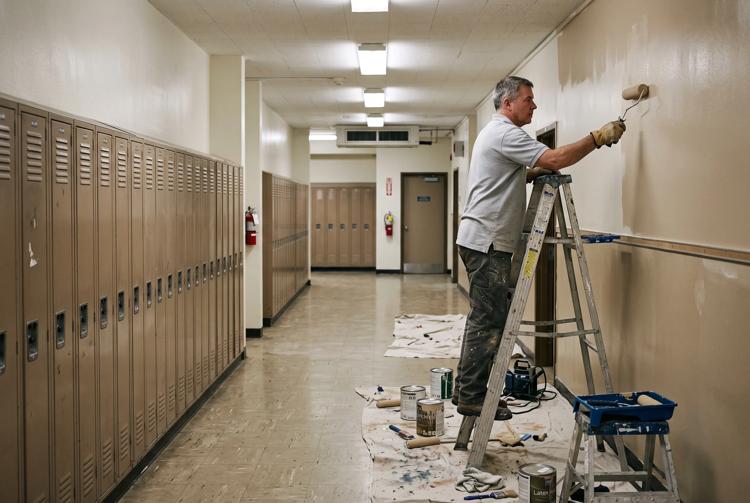 GCA Painting crew member painting a school hallway wall above the lockers