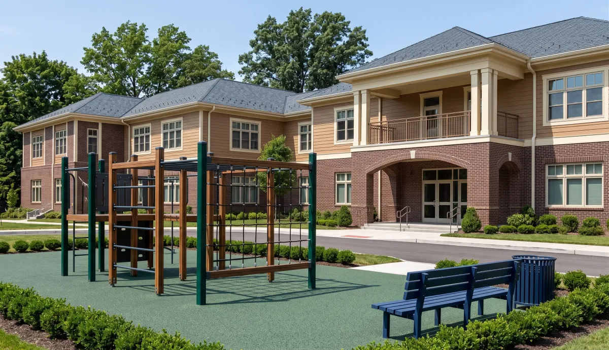 School building exterior with an outdoor playground