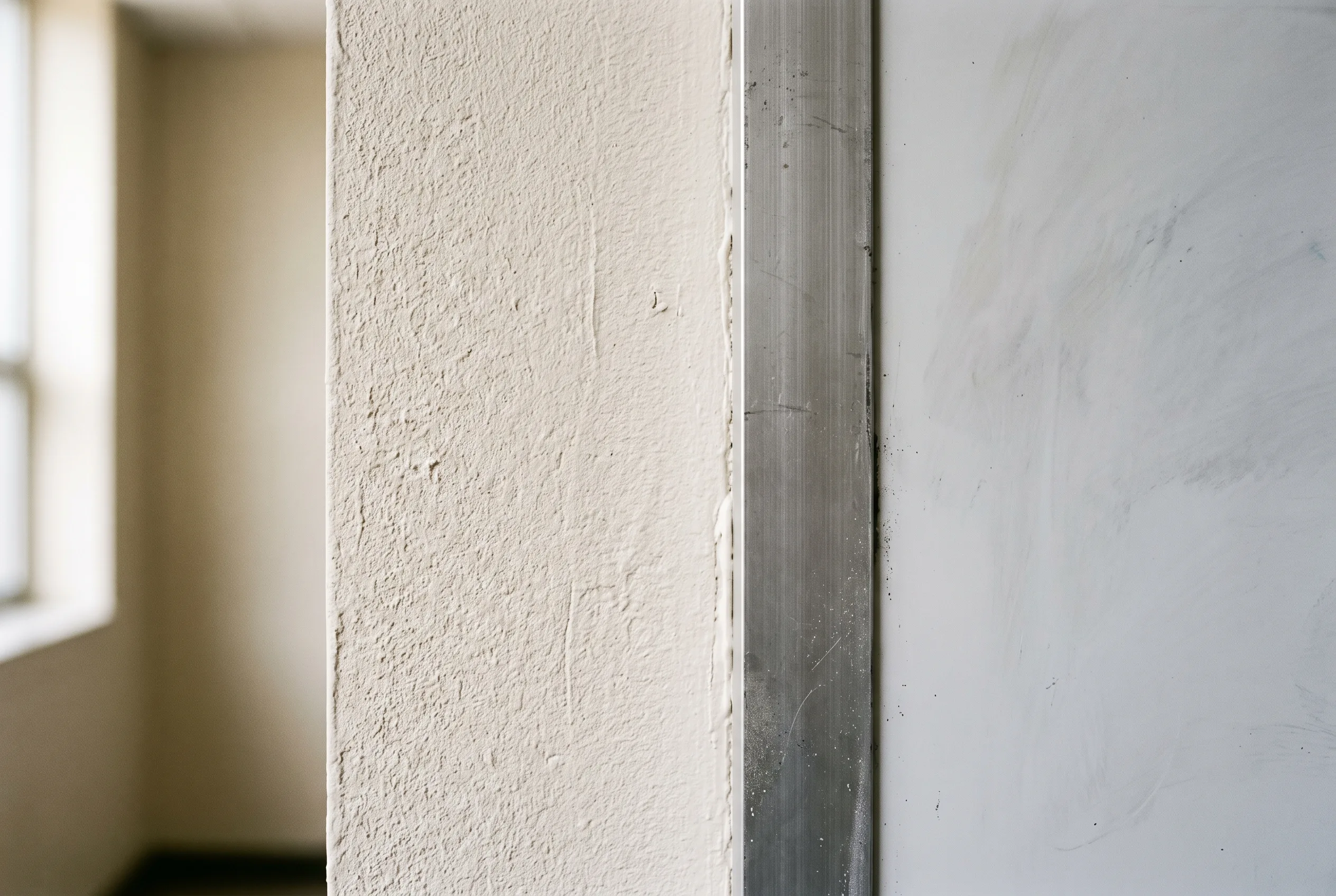 Close-up of a freshly painted wall and trim in a school hallway
