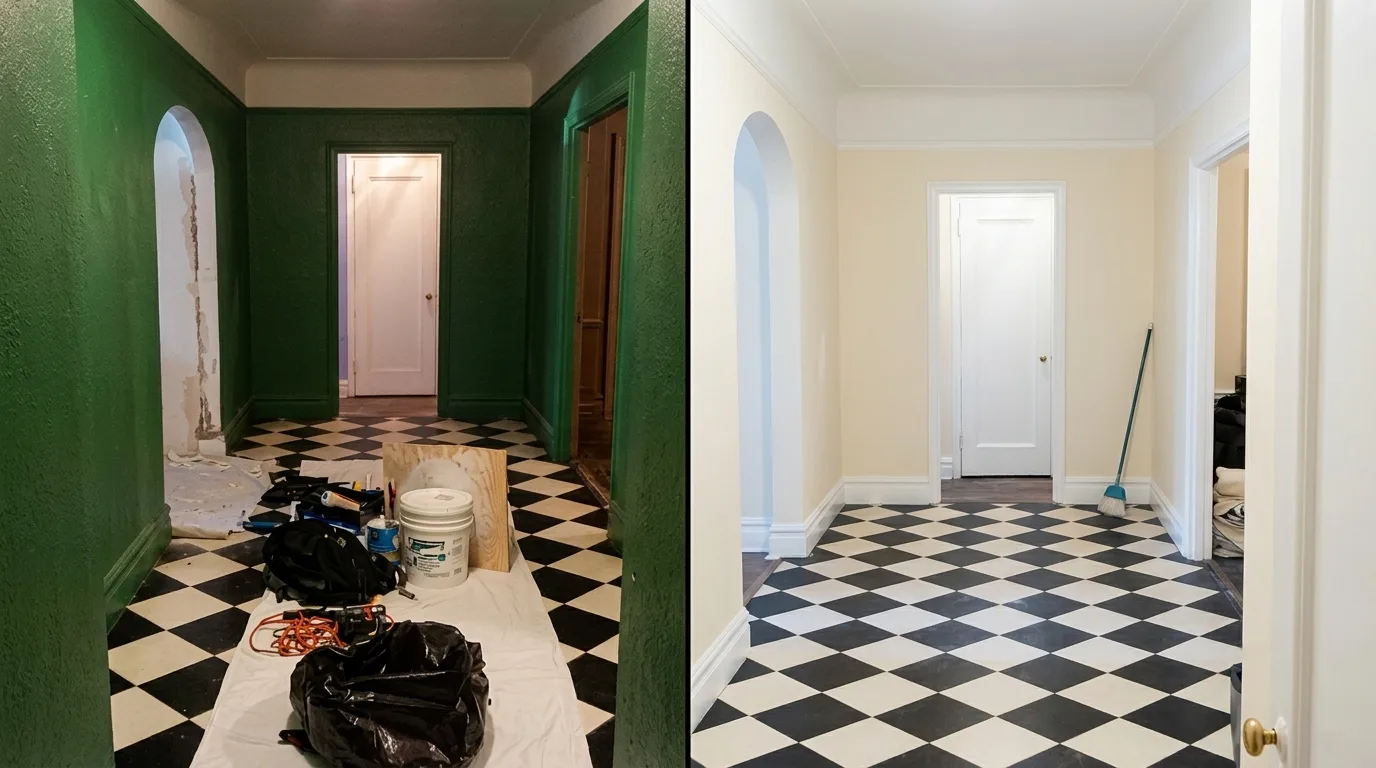 Before and after of a freshly painted hallway ahead of a home sale