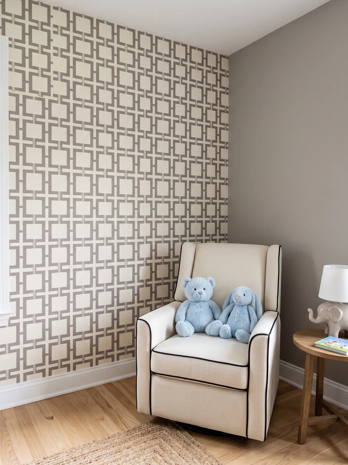 Geometric accent wallpaper installed in a nursery