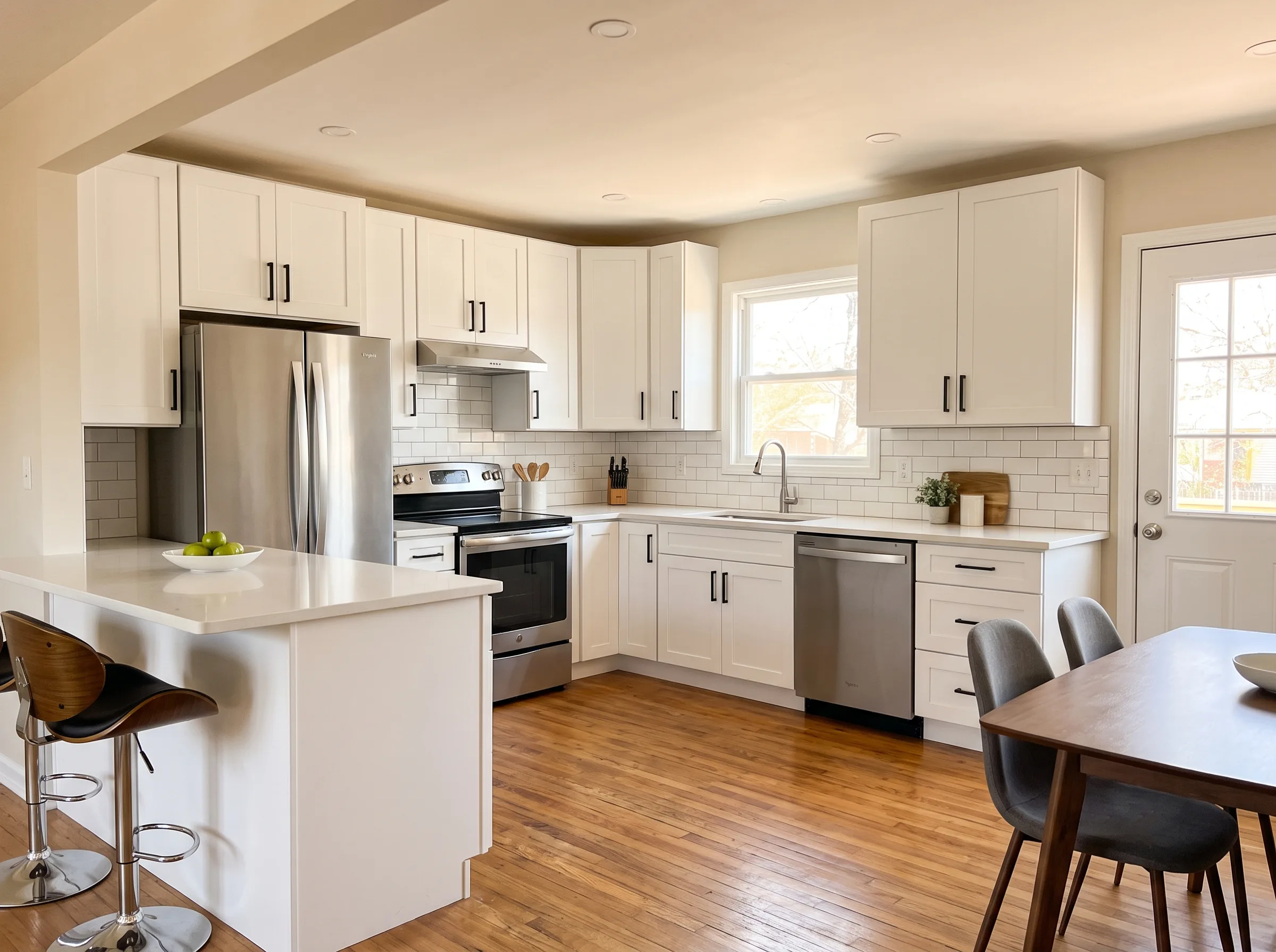 Kitchen cabinets refinished in white after painting
