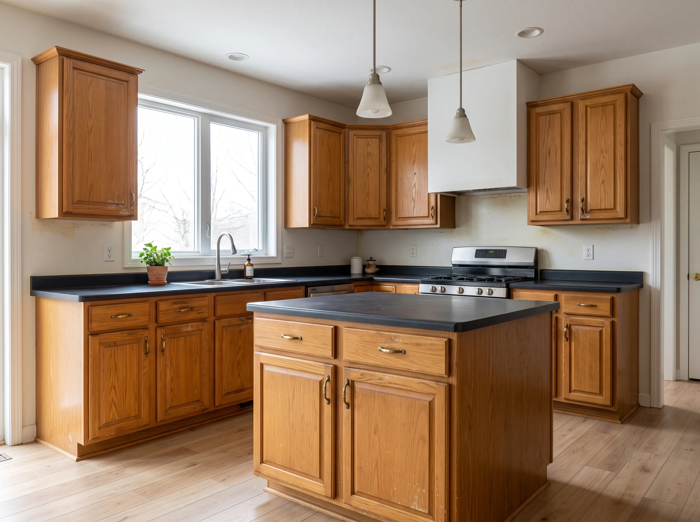 Dated oak kitchen cabinets before refinishing
