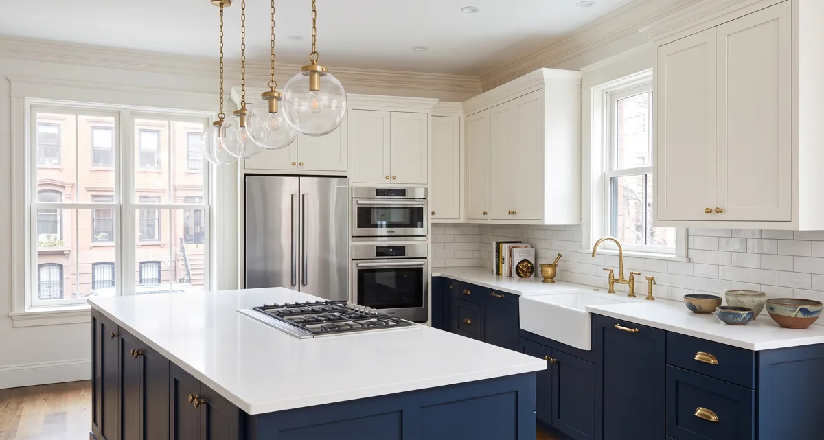 Kitchen with navy cabinet painting and refinishing
