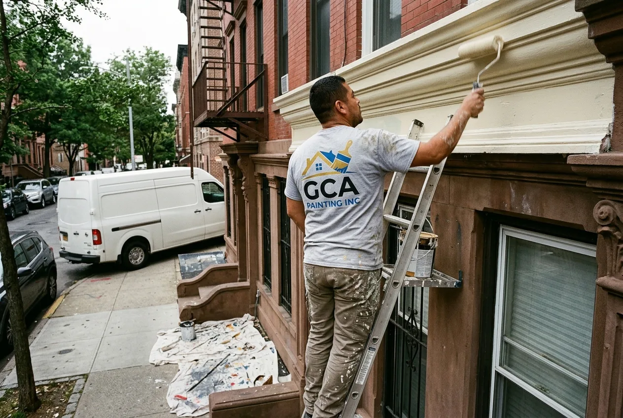 GCA Painting crew member painting brownstone cornice trim in NYC