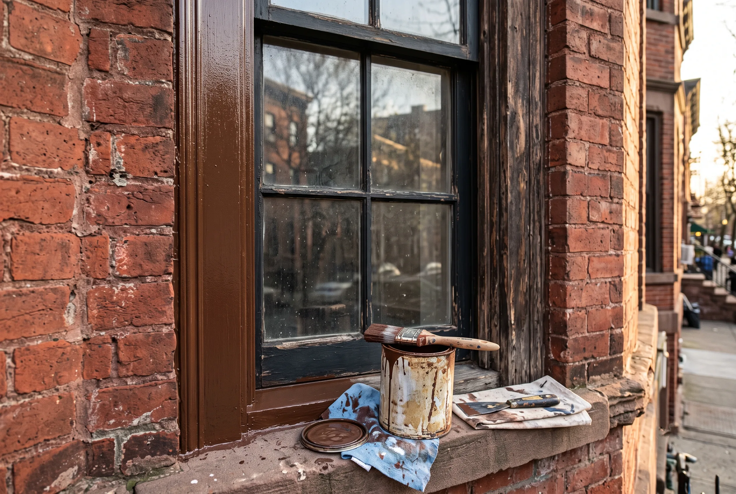 Close-up of a freshly painted brownstone window trim