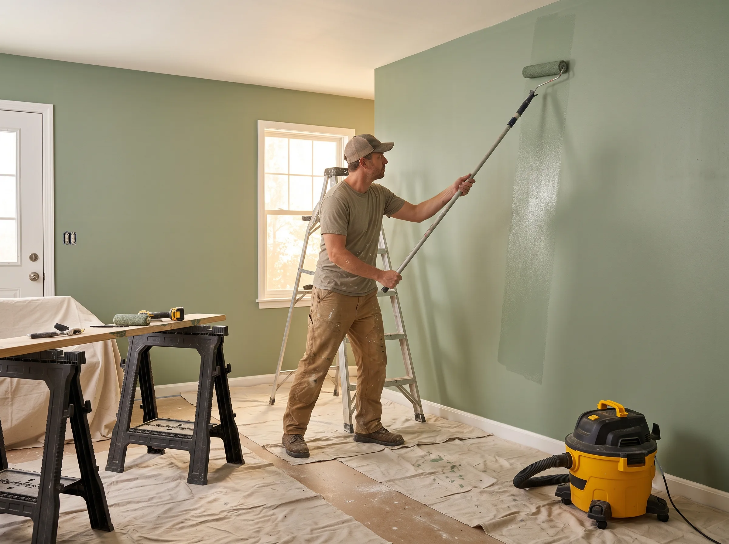 GCA Painting crew member rolling paint onto an interior wall