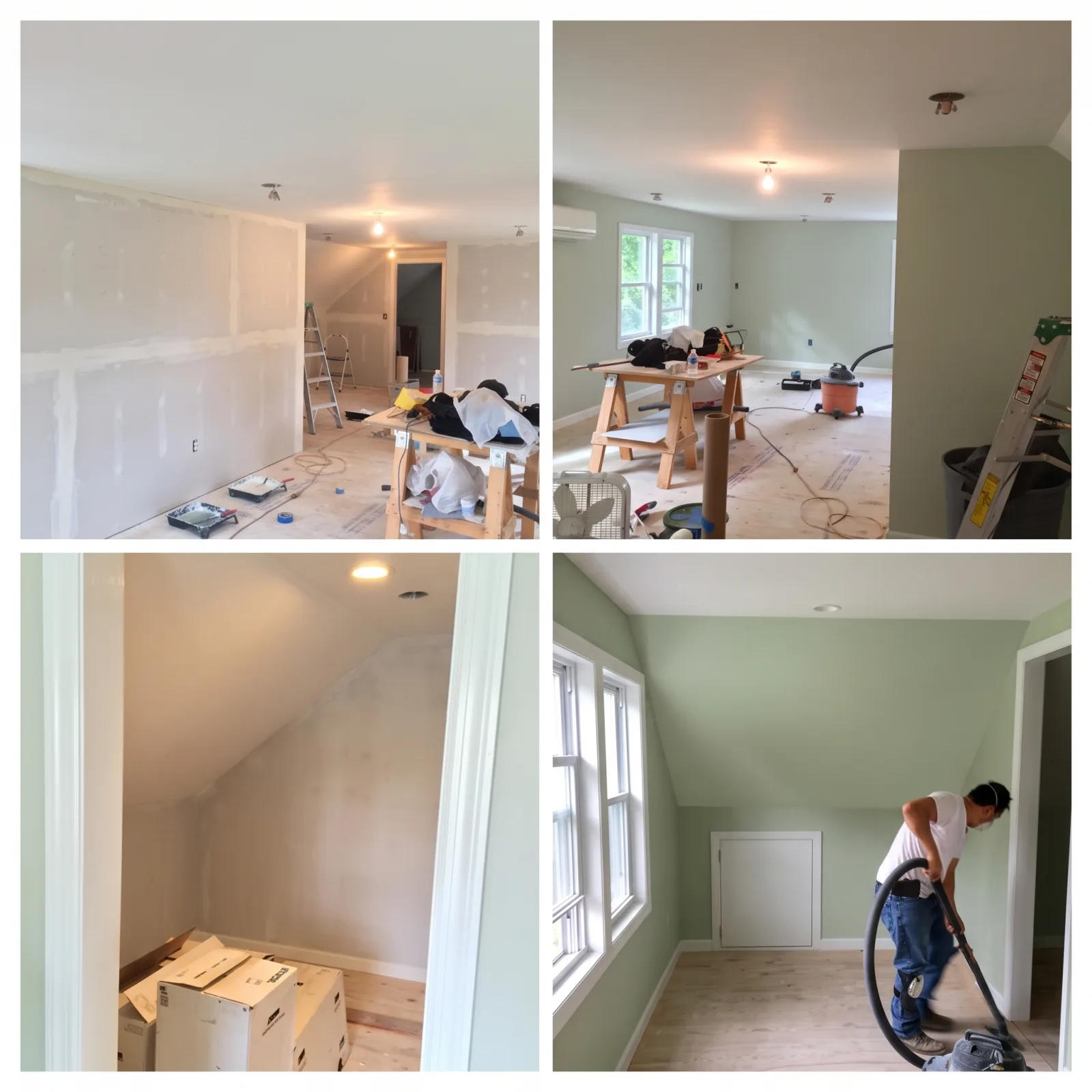 Attic bedroom renovated and freshly painted sage green