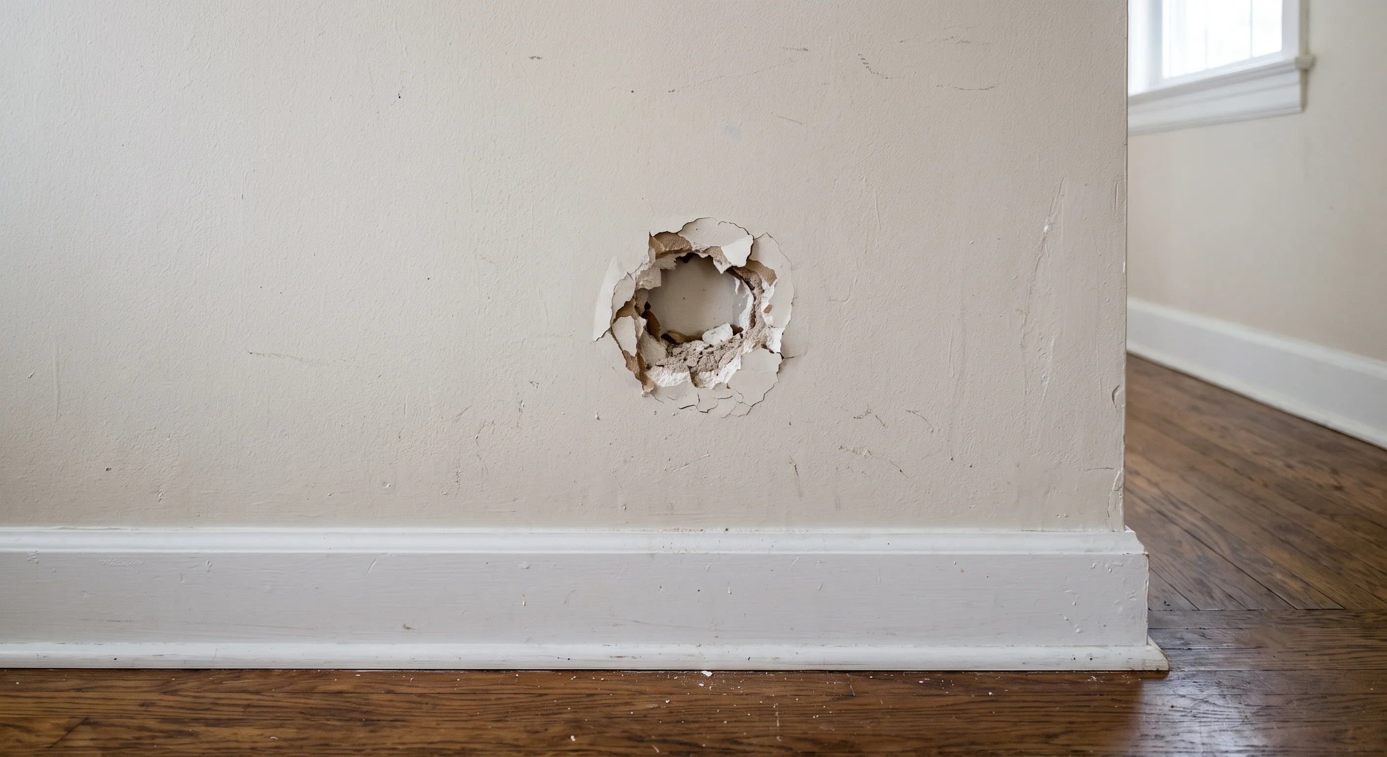 Hole in a plaster wall before repair