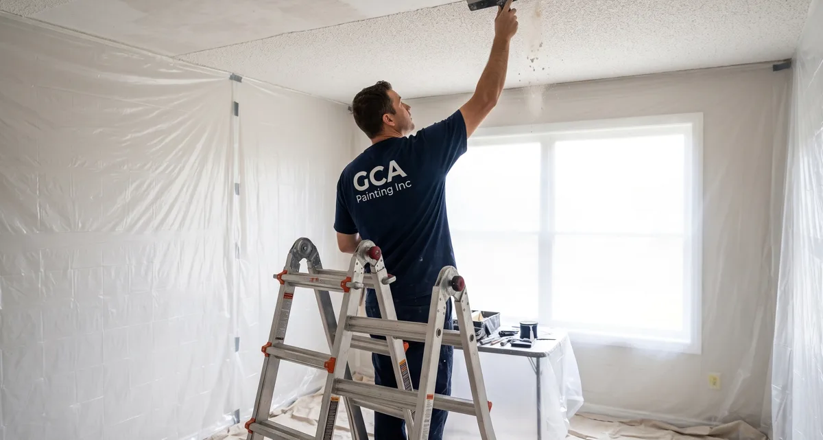GCA Painting crew scraping popcorn ceiling texture on a ladder