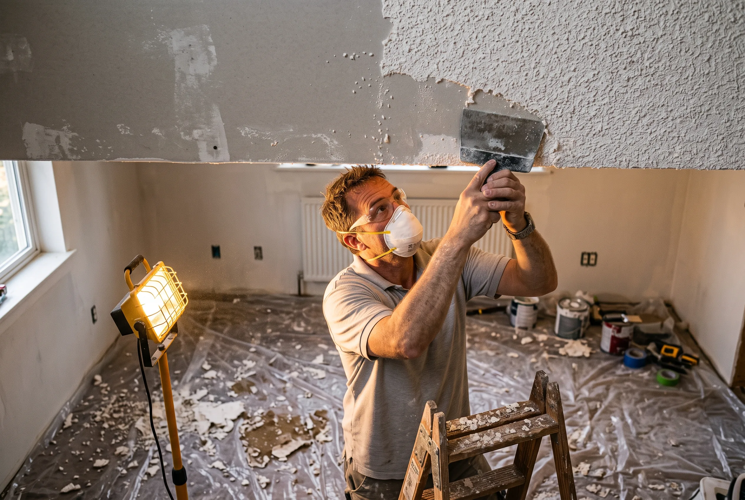 GCA Painting crew member scraping popcorn texture off a ceiling