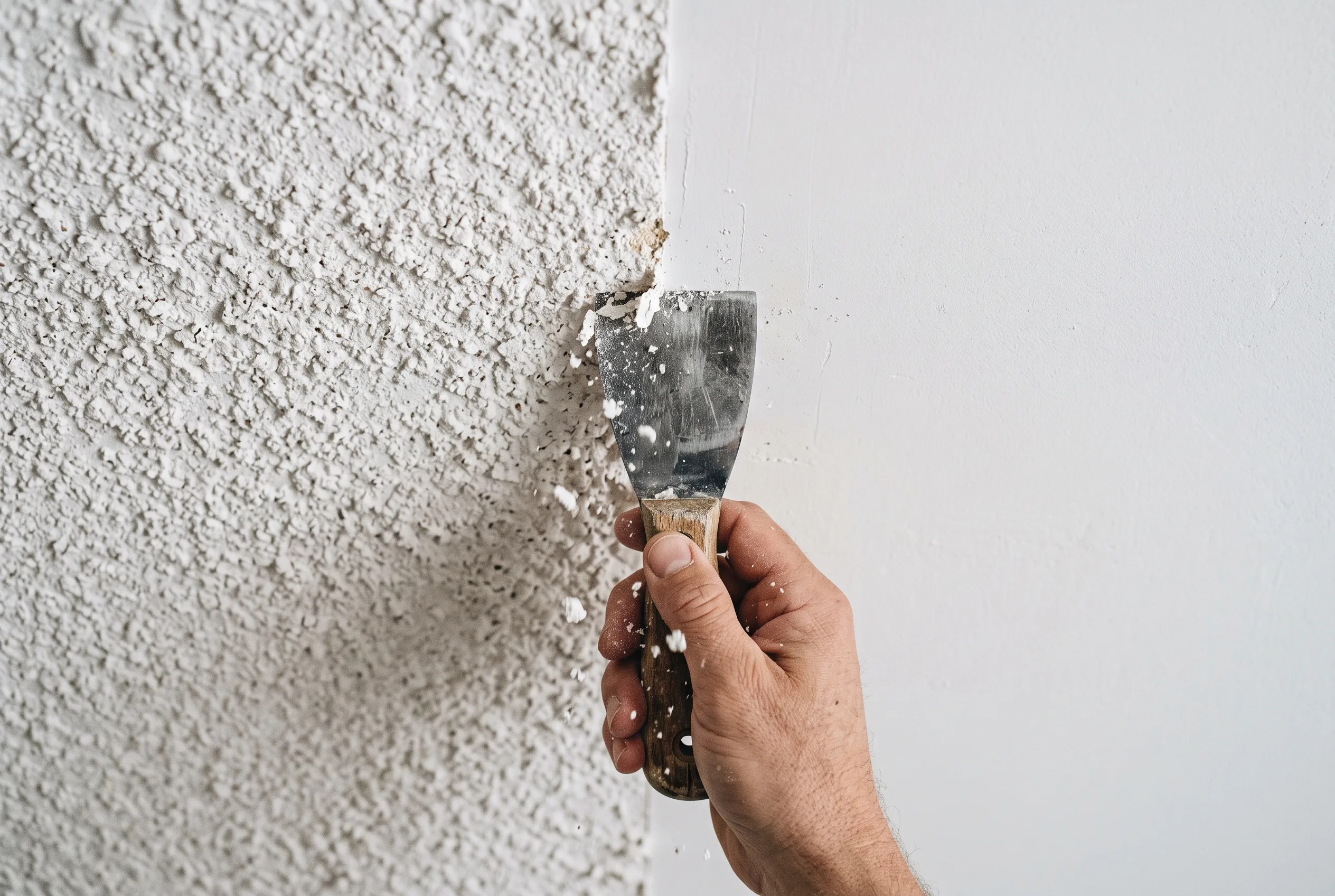 Close-up of popcorn ceiling texture being scraped away with a putty knife