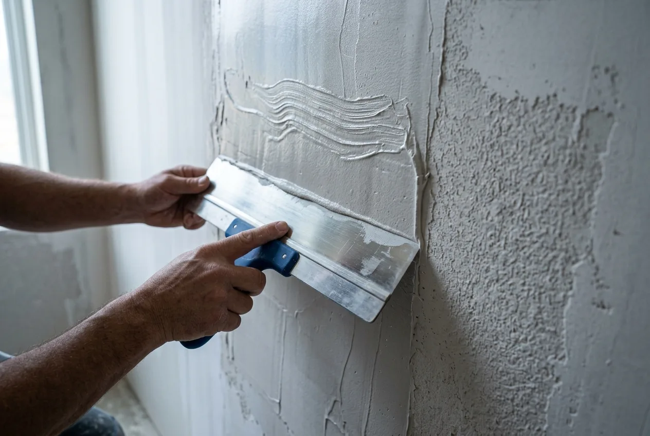 GCA Painting crew member skim-coating a wall with a wide knife
