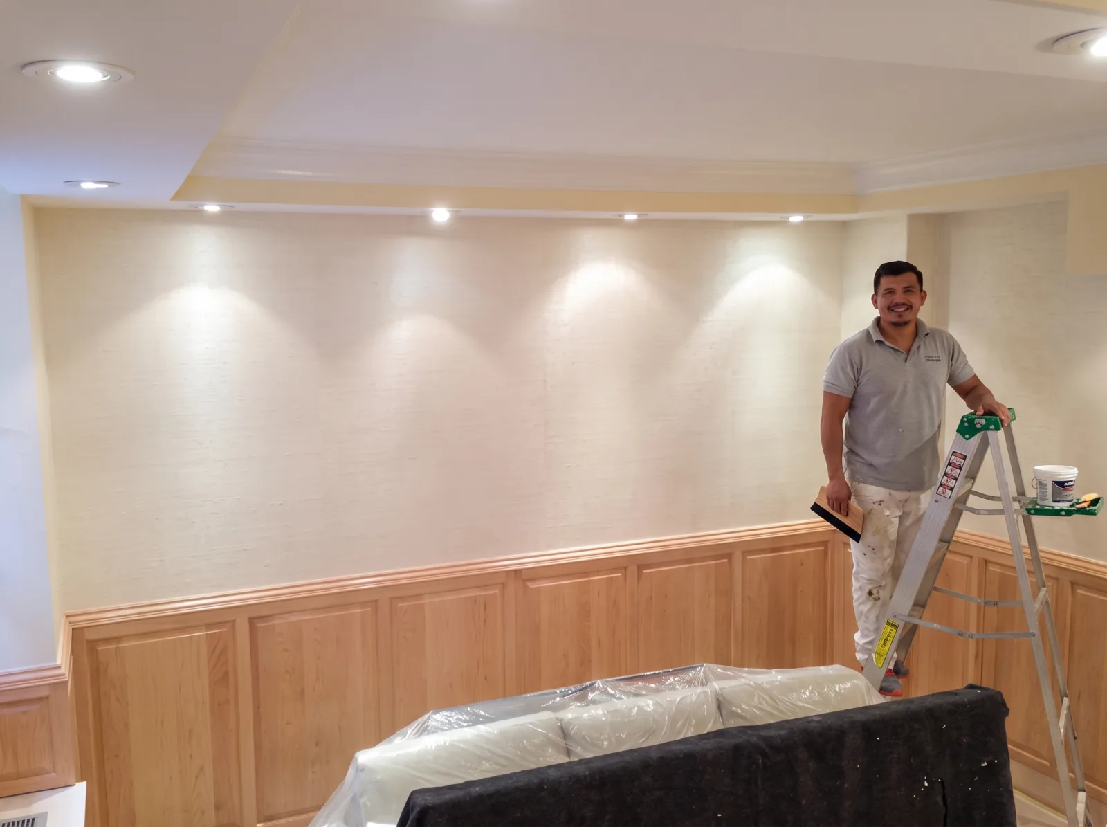 Installer applying grasscloth-style wallpaper above wood wainscoting