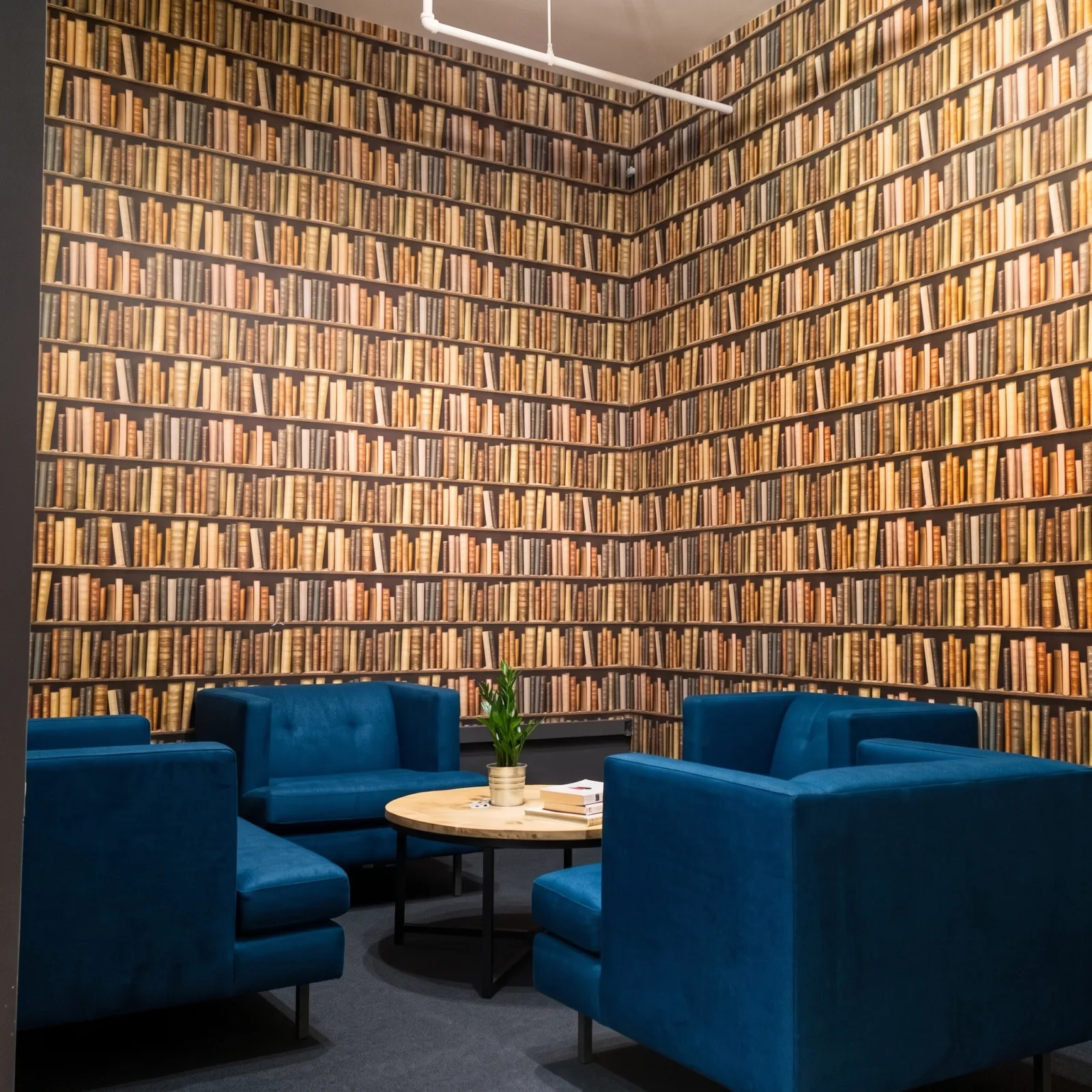 Bookshelf-print wallpaper feature wall on Houston Street, NYC