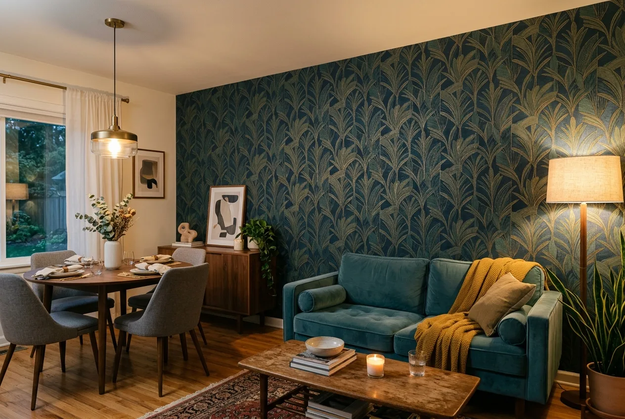 Wallpaper accent wall in a living room