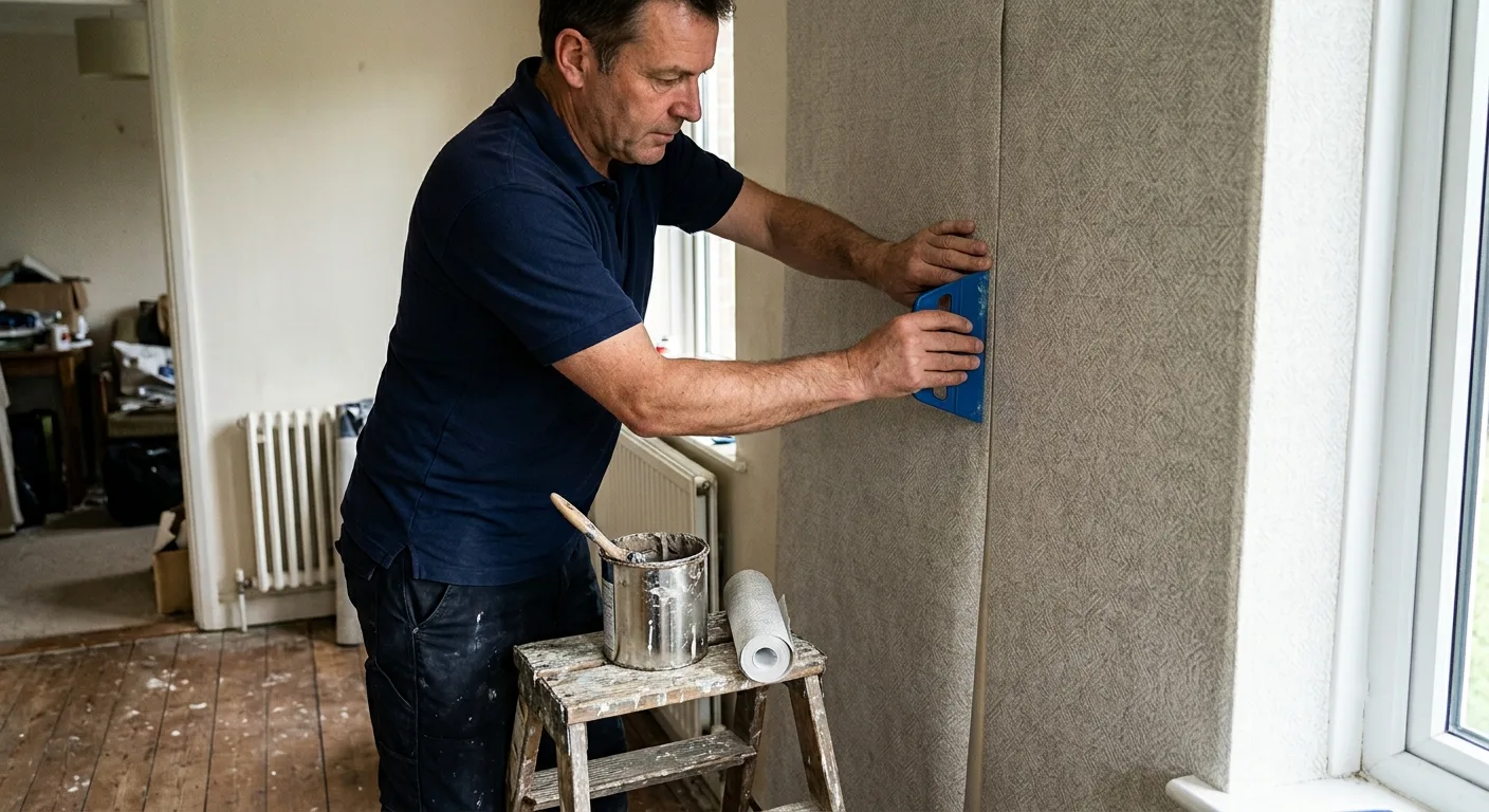Wallpaper being smoothed into place with a smoothing tool